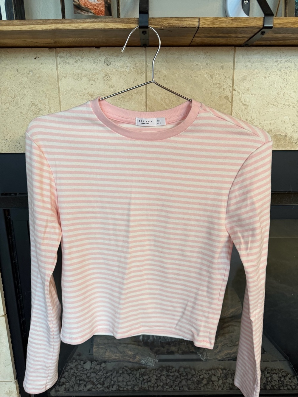 Kids' Light Pink & White Striped Long-Sleeve Crewneck Top